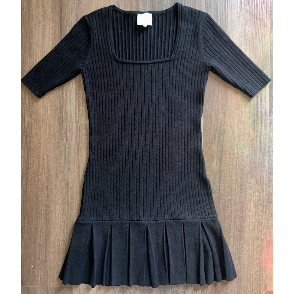 Sundays NYC Gatlin Ribbed Sweater Dress Square Neck Pleated Drop Waist Black S - Picture 2 of 7